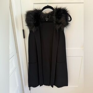 Talbots Long Black Vest with Removable Faux Fur Trim